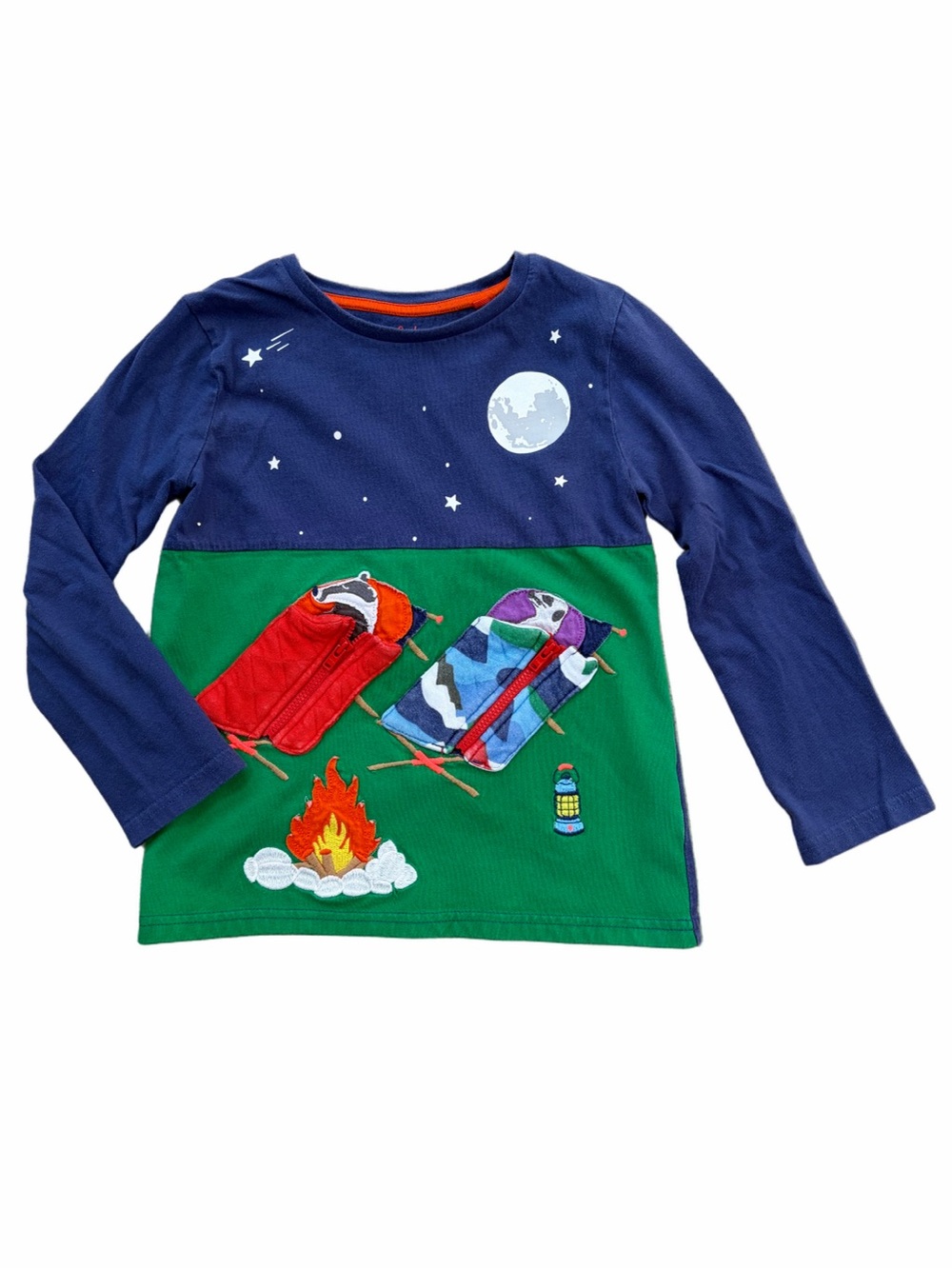 Mini Boden Size 6-7 Years Camping Zip Sleeping Bag Applique Long Sleeve Shirt
